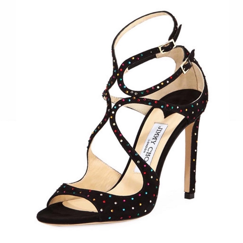 NEW Jimmy Choo Black Suede Gem Lang Heels Size 37 1/2